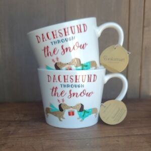 NWT Cooksmart Coffee Mugs Dachshund Through the Snow Fine China Teacup Set